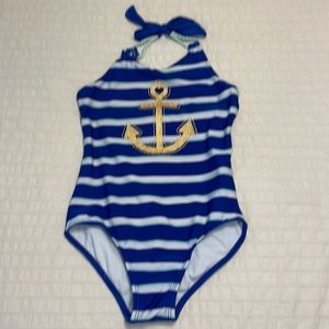 Blue Stripe Sailor One Piece Swimsuit Sz 6